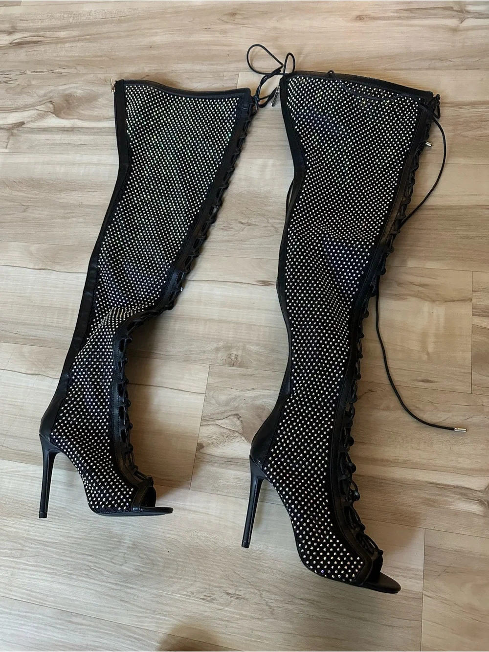 Unbranded Black Rhinestone Lace-Up Over-The-Knee Stiletto Boots! Brand New!